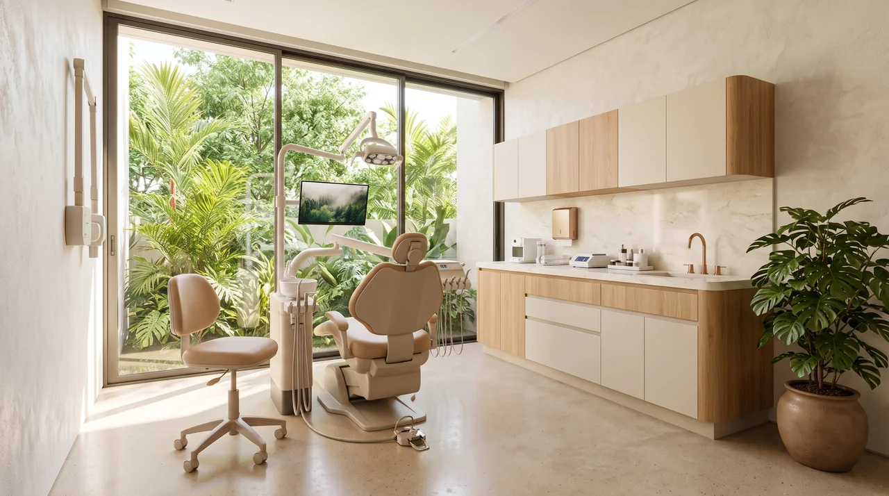 Ambientação de cuidado com luz natural, vegetação e tons acolhedores